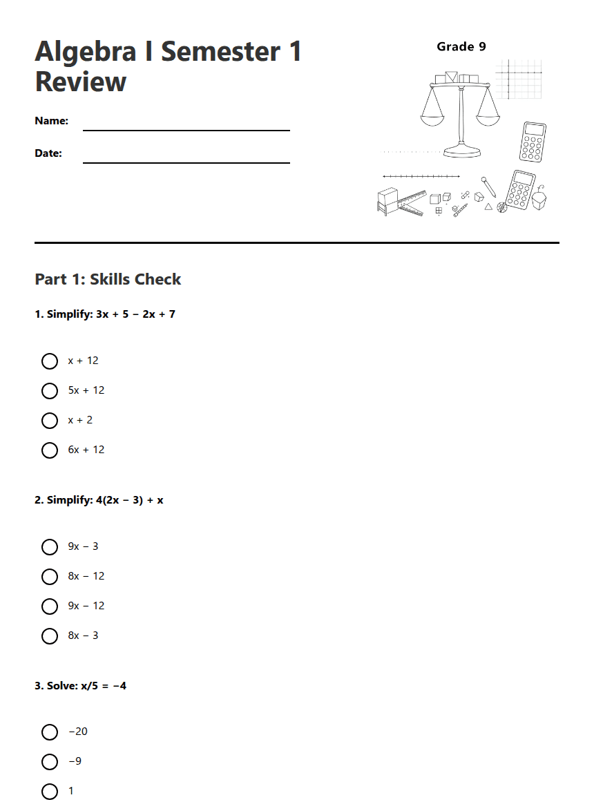 Algebra I Semester 1 Review worksheet preview