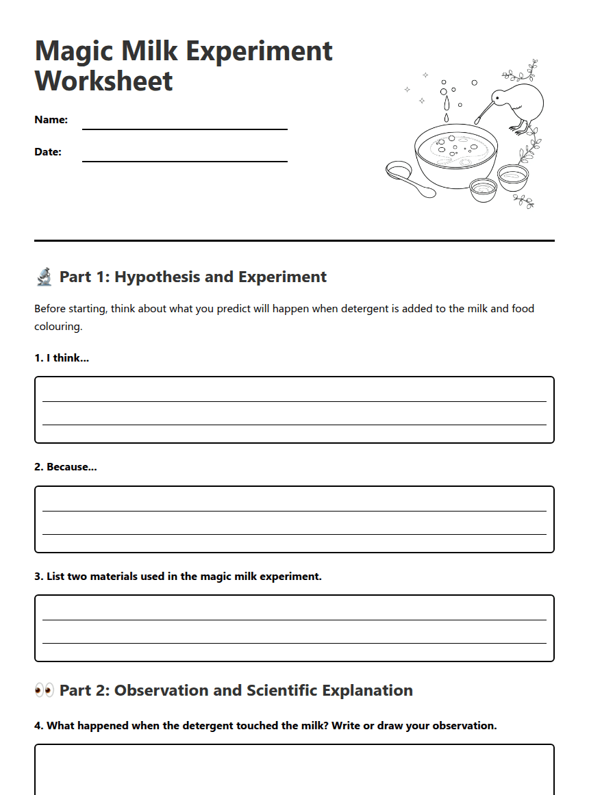 Magic Milk Experiment Worksheet worksheet preview