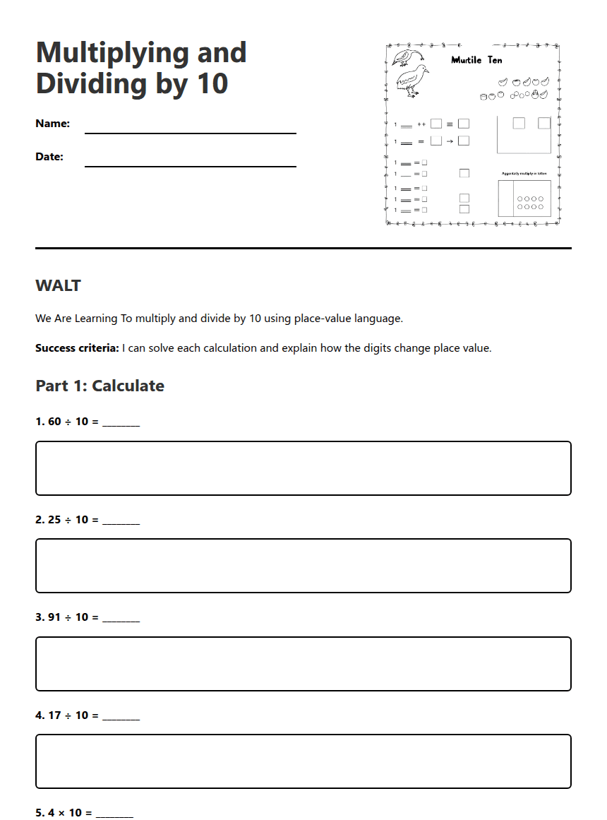 Multiplying and Dividing by 10 worksheet preview