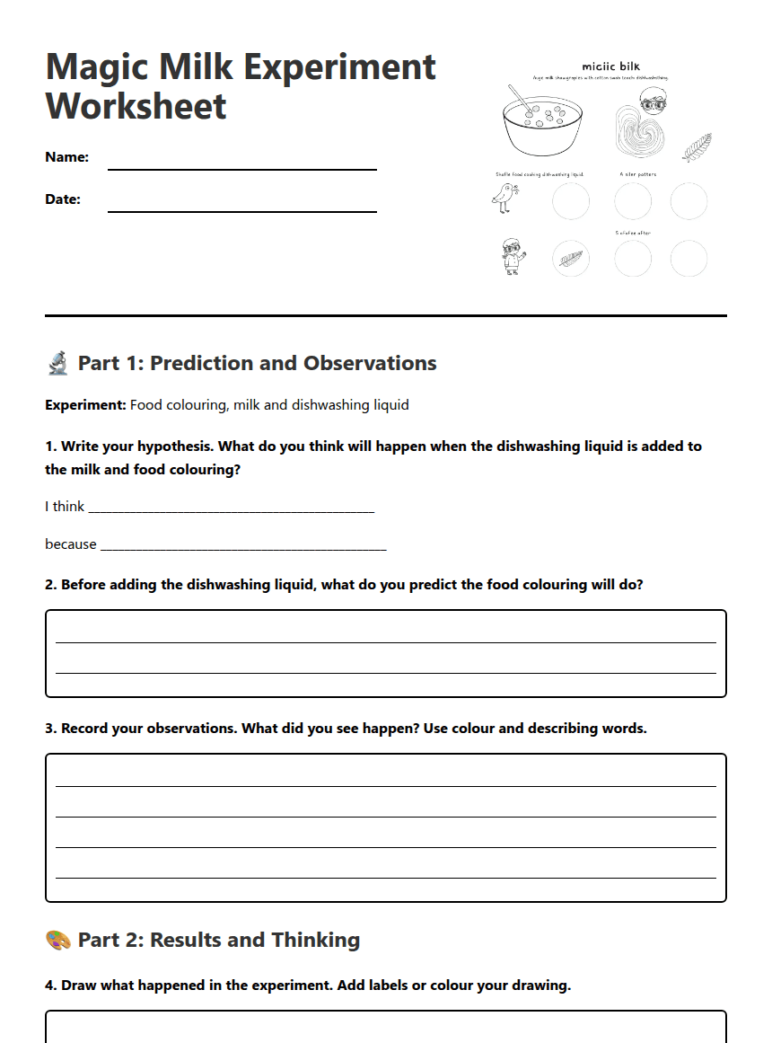 Magic Milk Experiment Worksheet worksheet preview