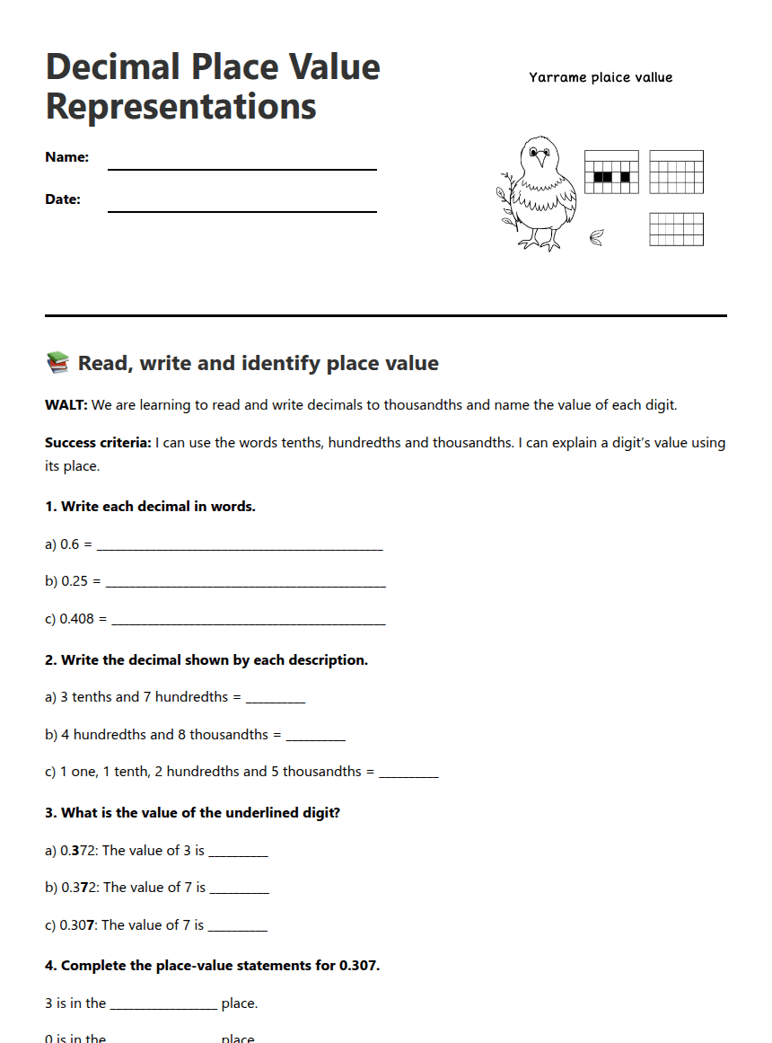 Decimal Place Value Representations worksheet preview