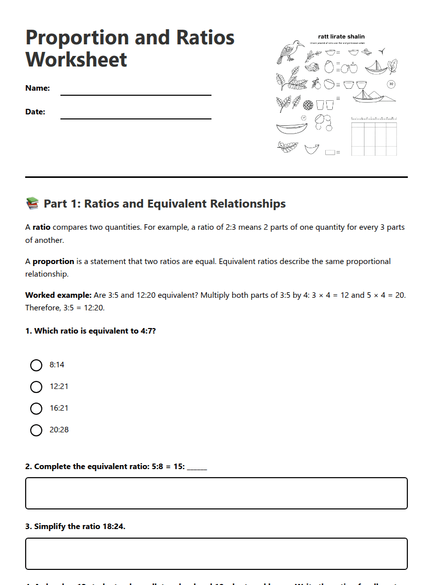 Proportion and Ratios Worksheet worksheet preview