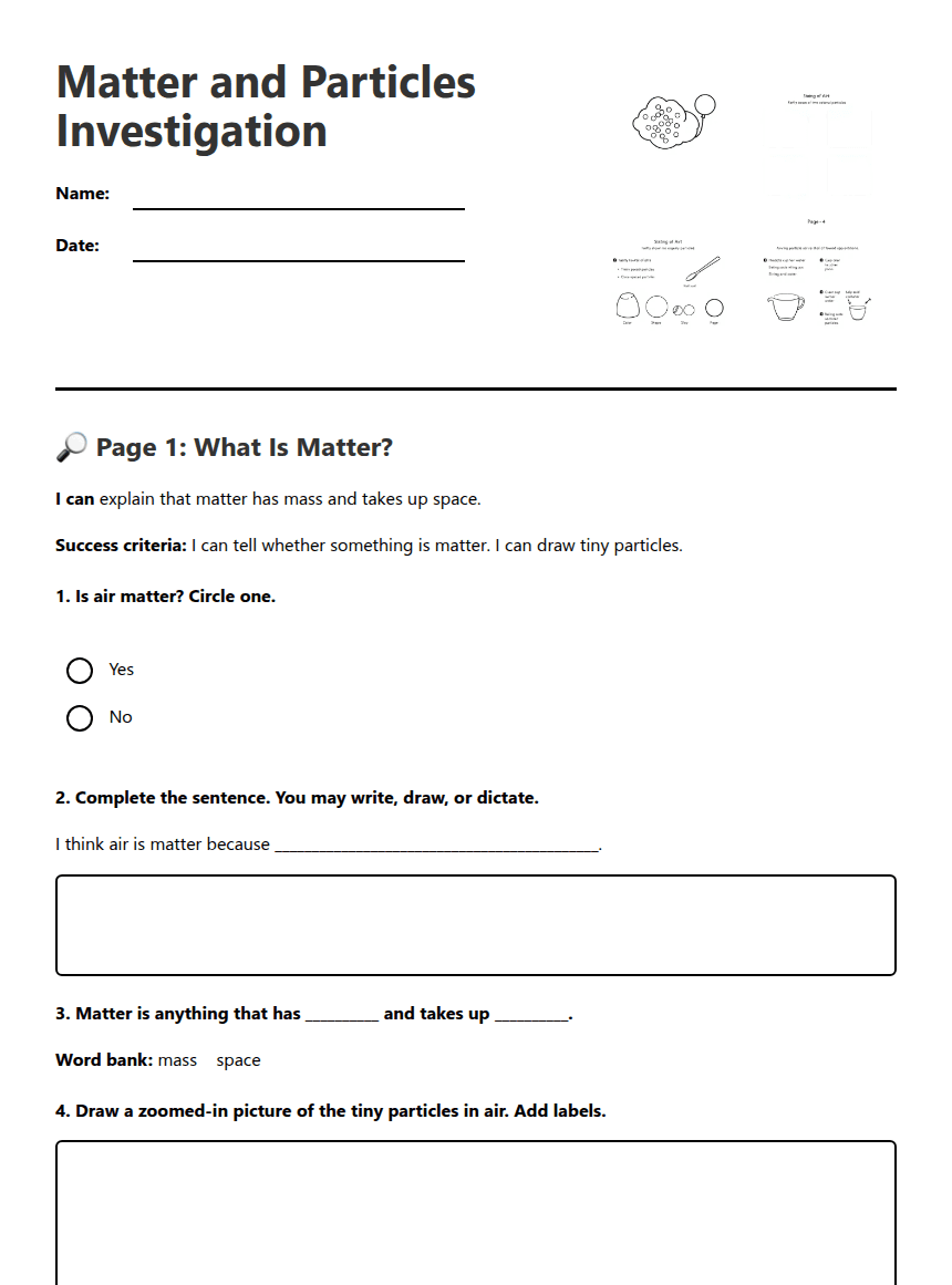 Matter and Particles Investigation worksheet preview