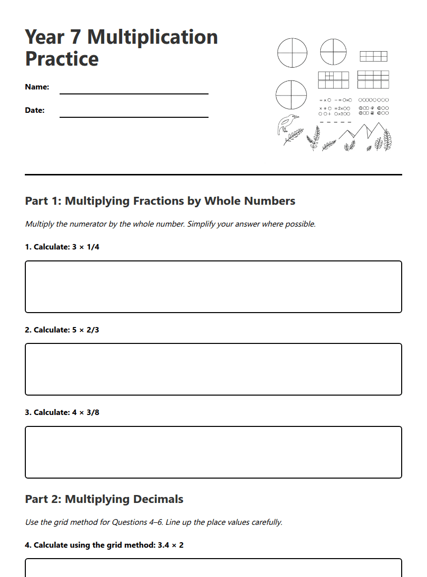 Year 7 Multiplication Practice worksheet preview