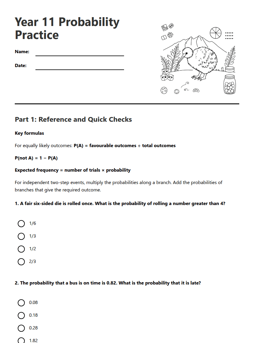 Year 11 Probability Practice worksheet preview