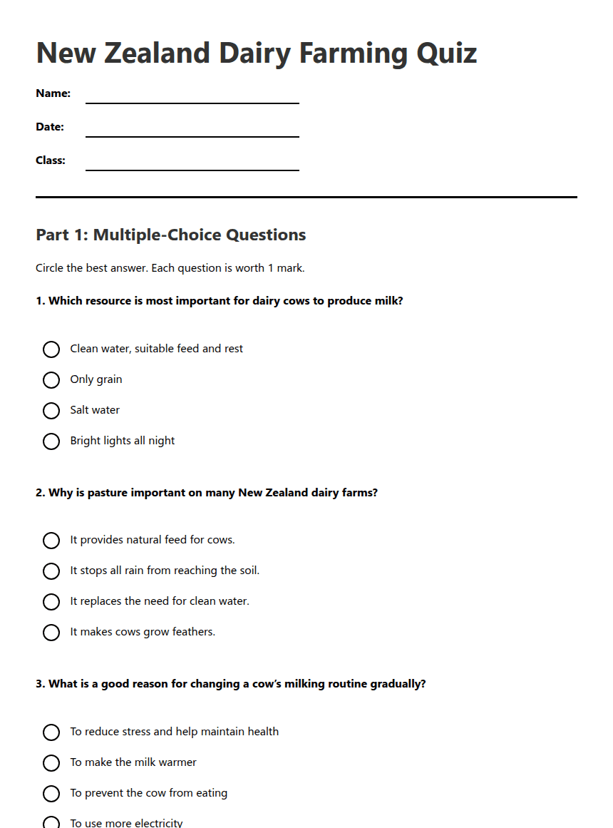 New Zealand Dairy Farming Quiz worksheet preview