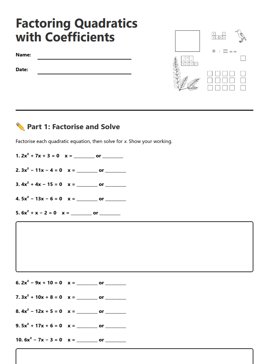 Factoring Quadratics with Coefficients worksheet preview