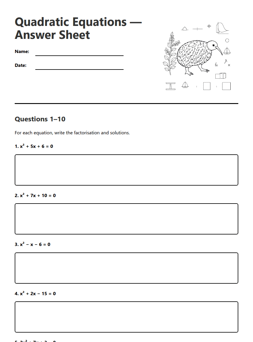 Quadratic Equations Answer Sheet worksheet preview