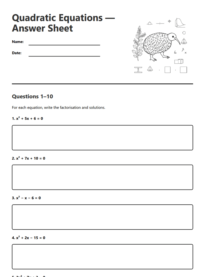 Quadratic Equations Answer Sheet