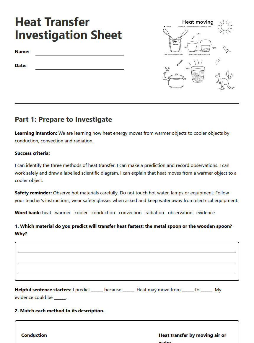 Heat Transfer Investigation Sheet worksheet preview