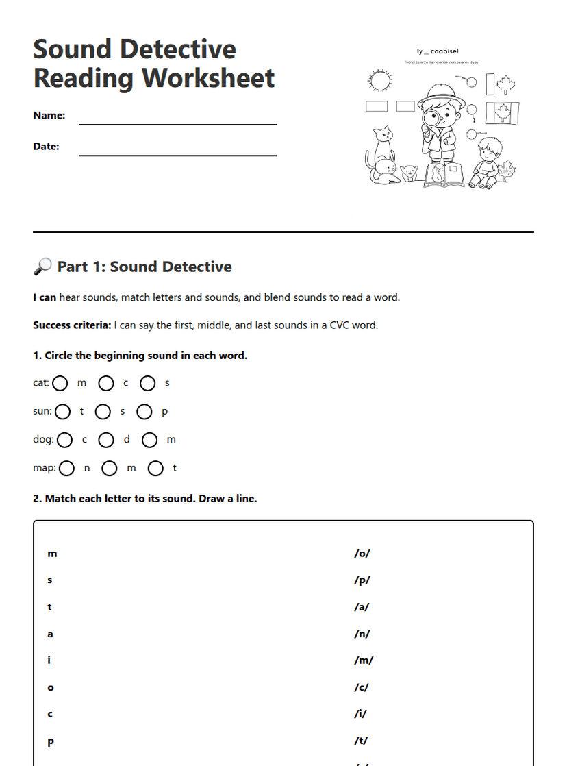 Sound Detective Reading Worksheet
