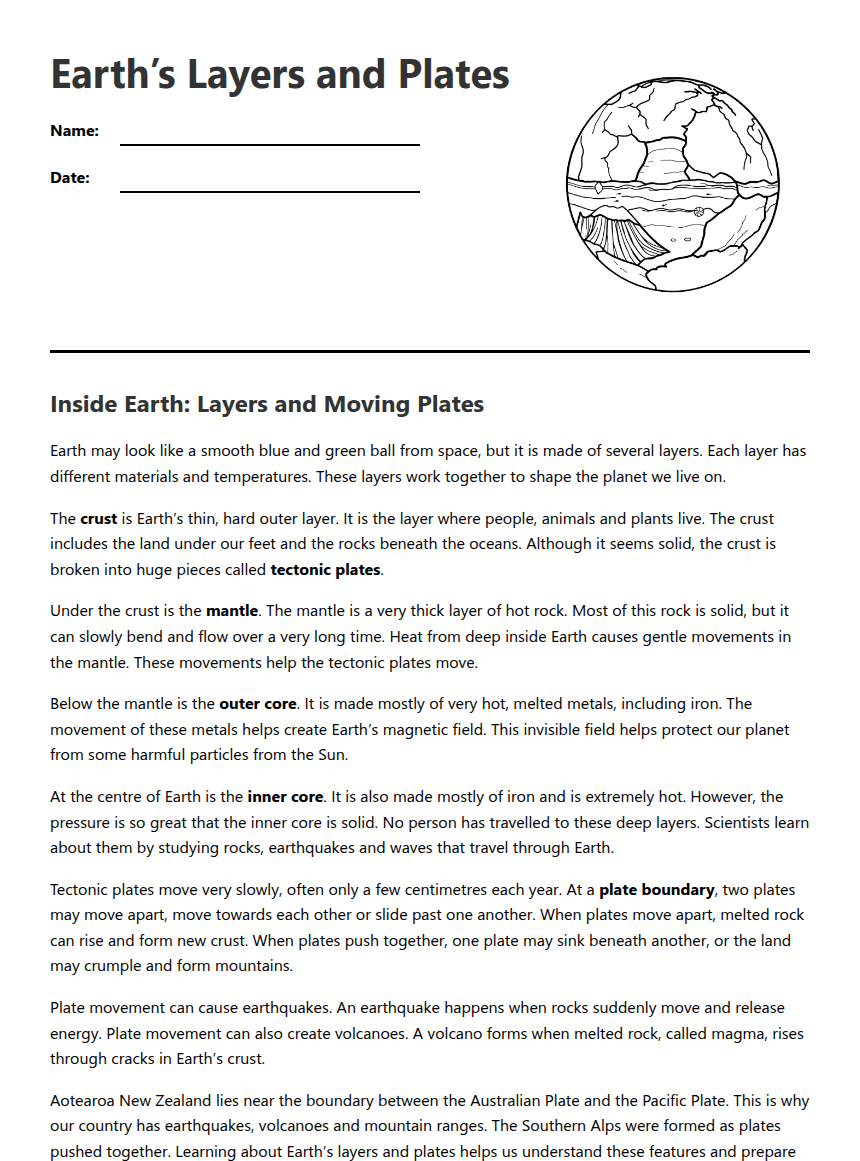 Earth’s Layers and Plates worksheet preview