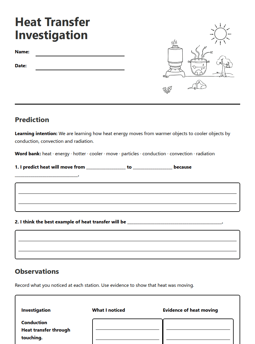 Heat Transfer Investigation worksheet preview