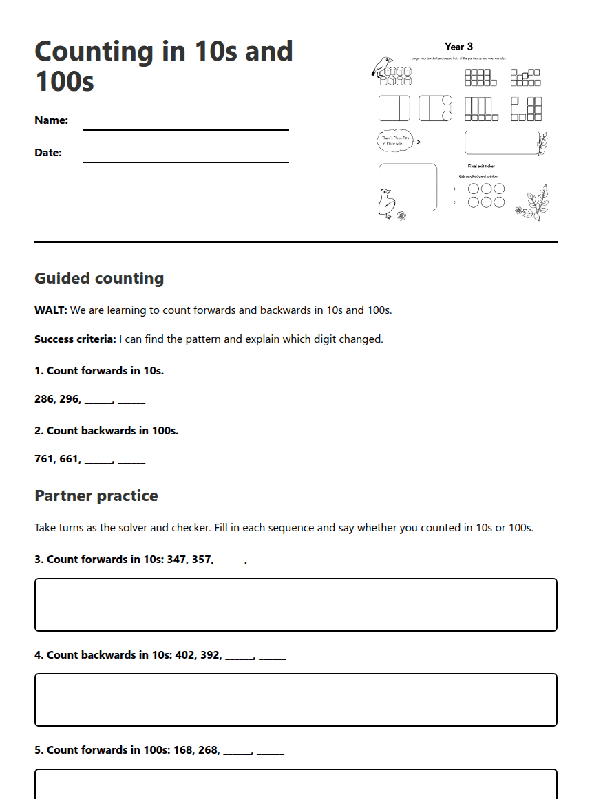 Counting in 10s and 100s worksheet preview