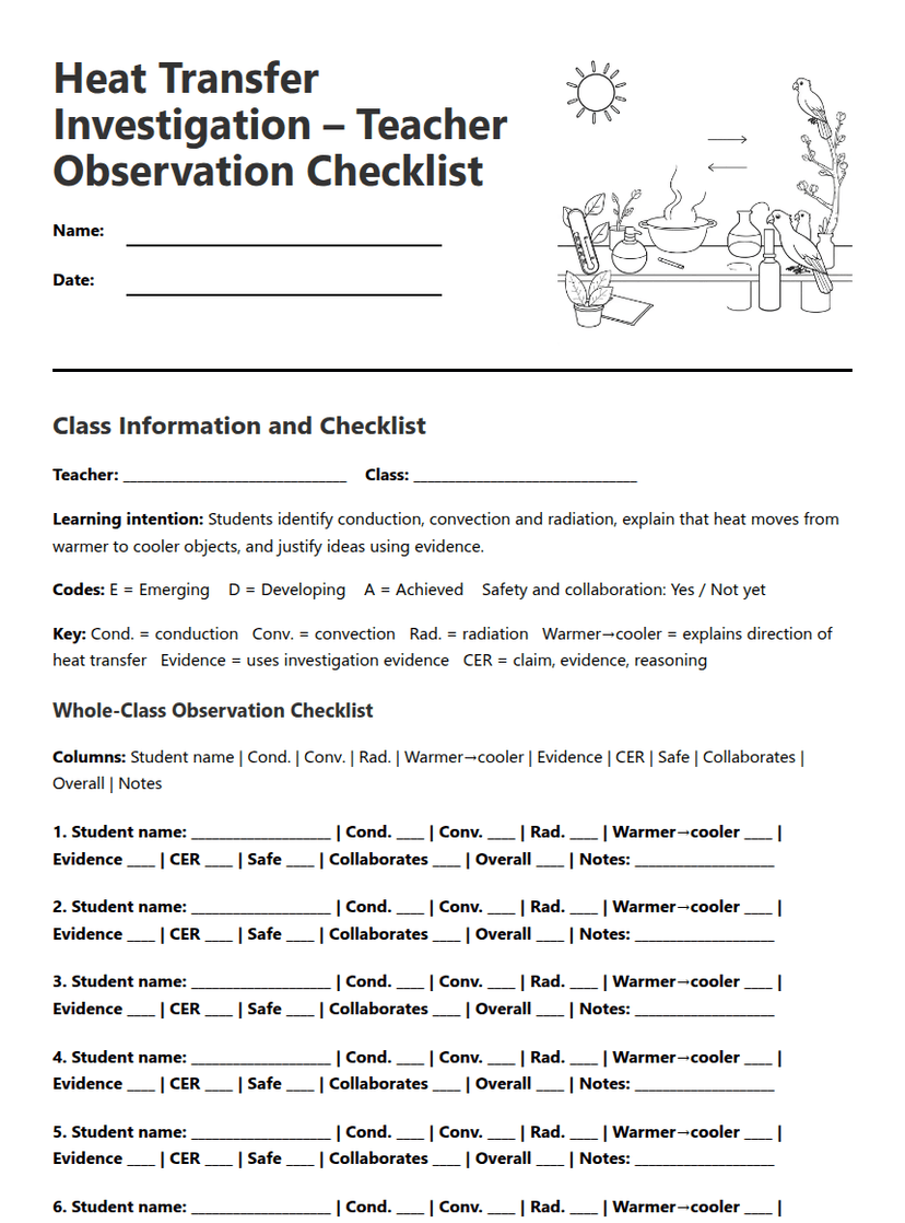 Heat Transfer Observation Checklist