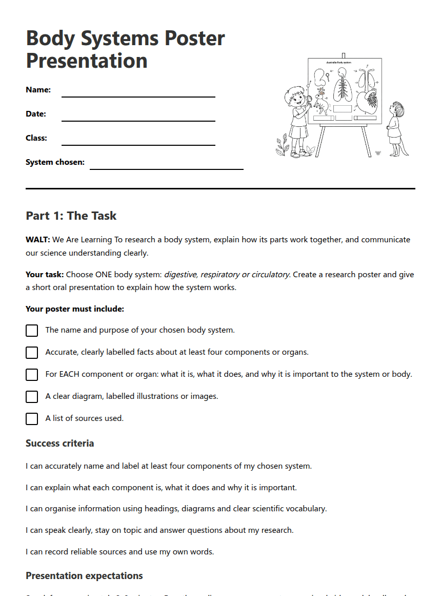 Body Systems Poster Presentation worksheet preview