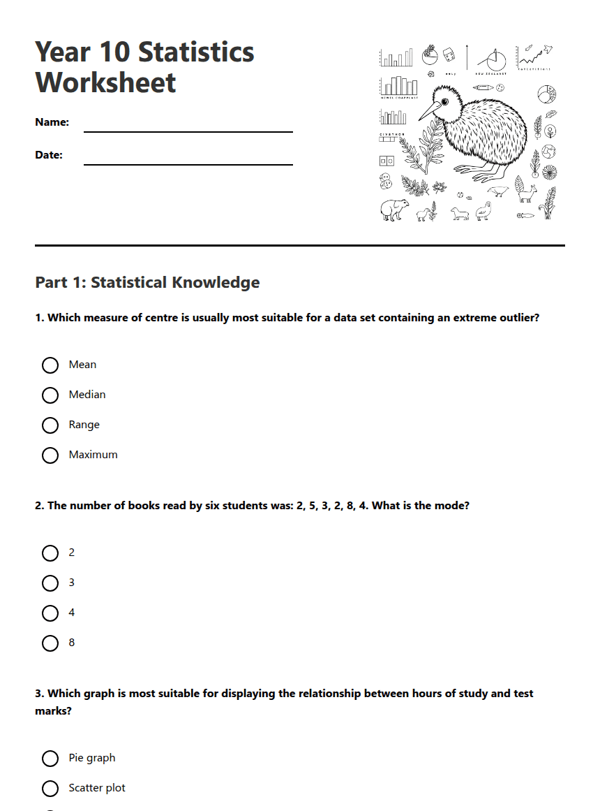 Year 10 Statistics Worksheet worksheet preview
