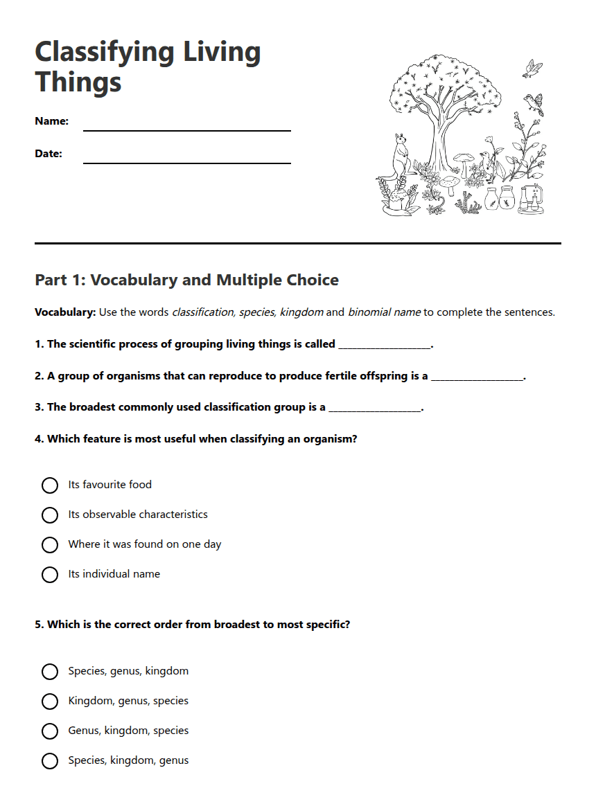 Classifying Living Things worksheet preview