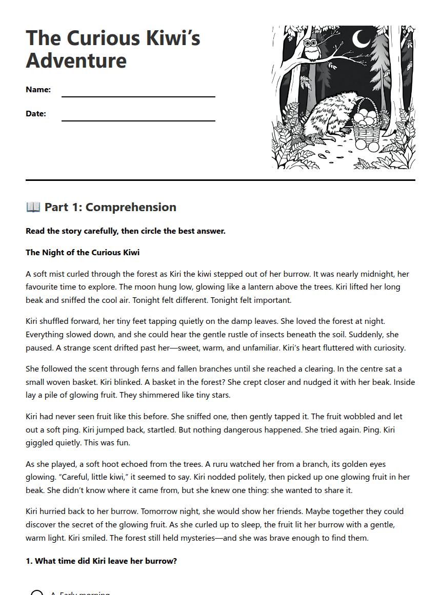The Curious Kiwi’s Adventure worksheet preview