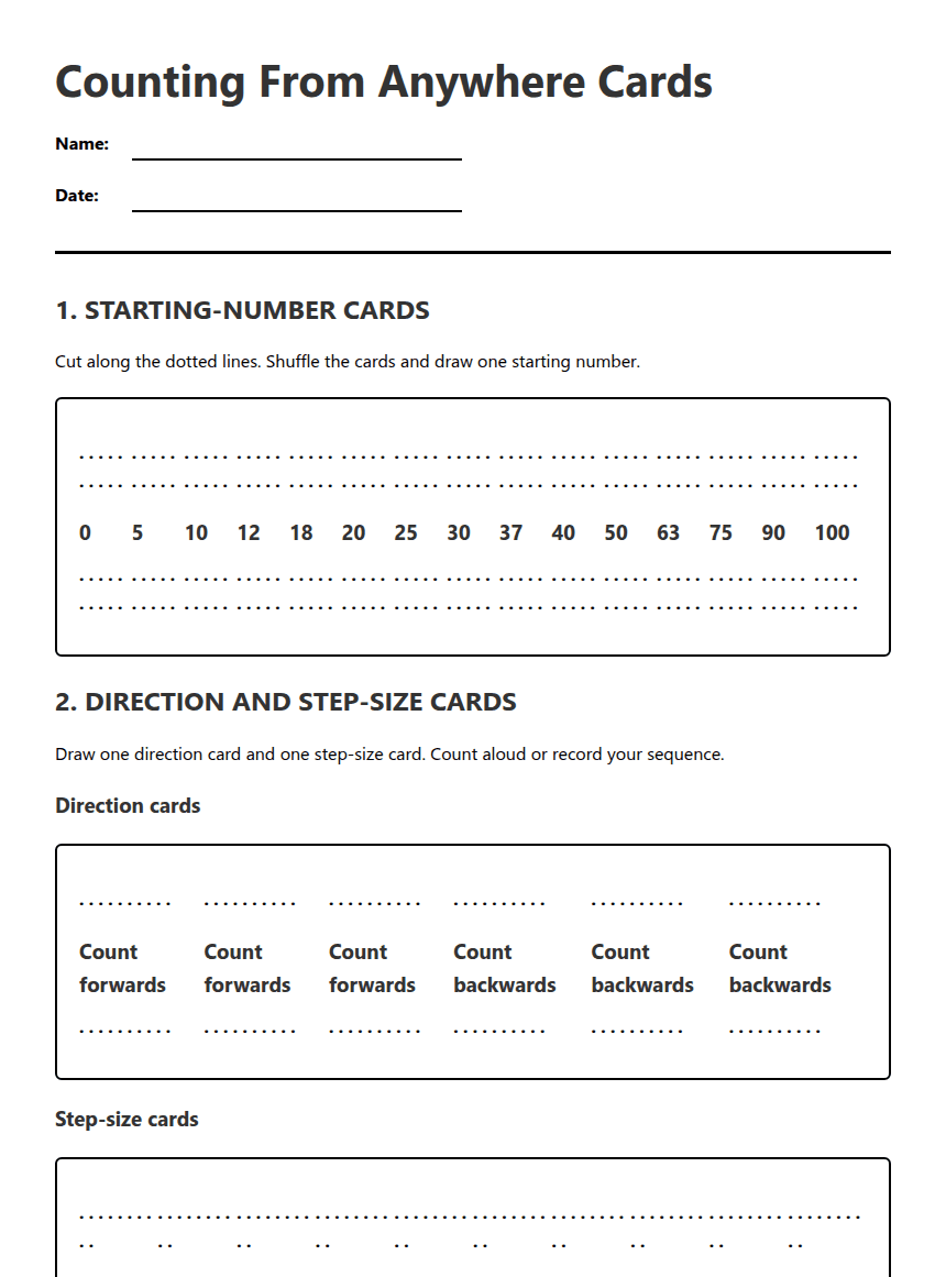 Counting From Anywhere Cards worksheet preview