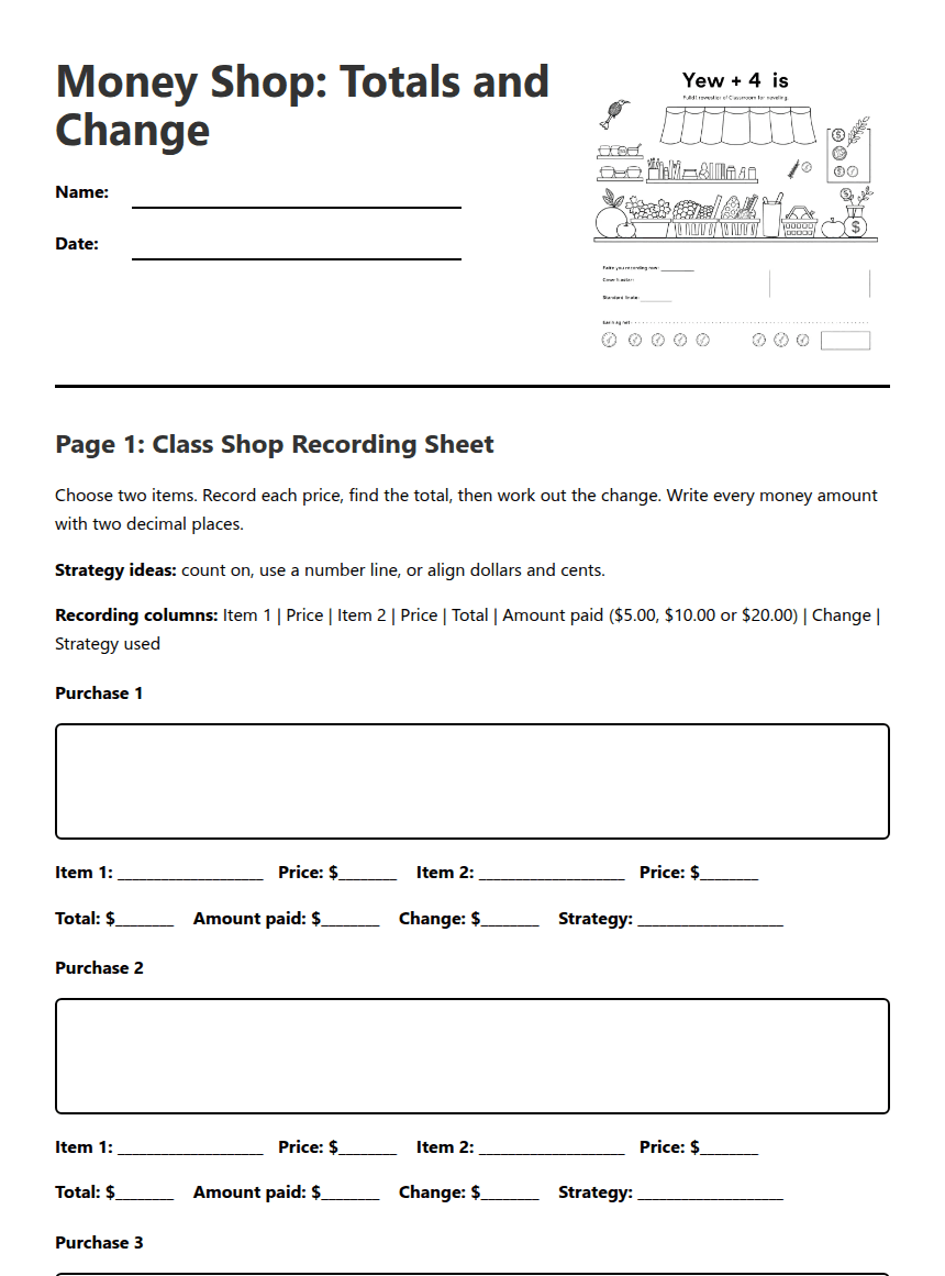 Money Shop: Totals and Change worksheet preview