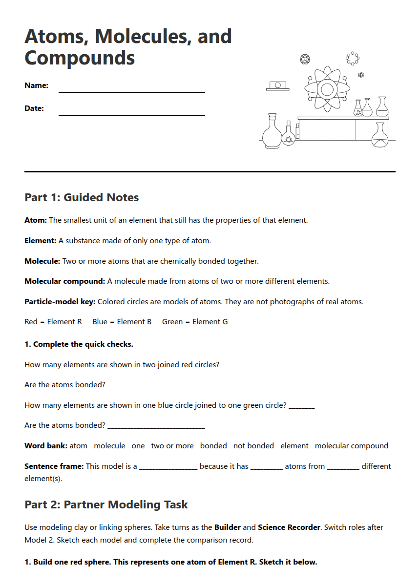 Atoms, Molecules, and Compounds worksheet preview