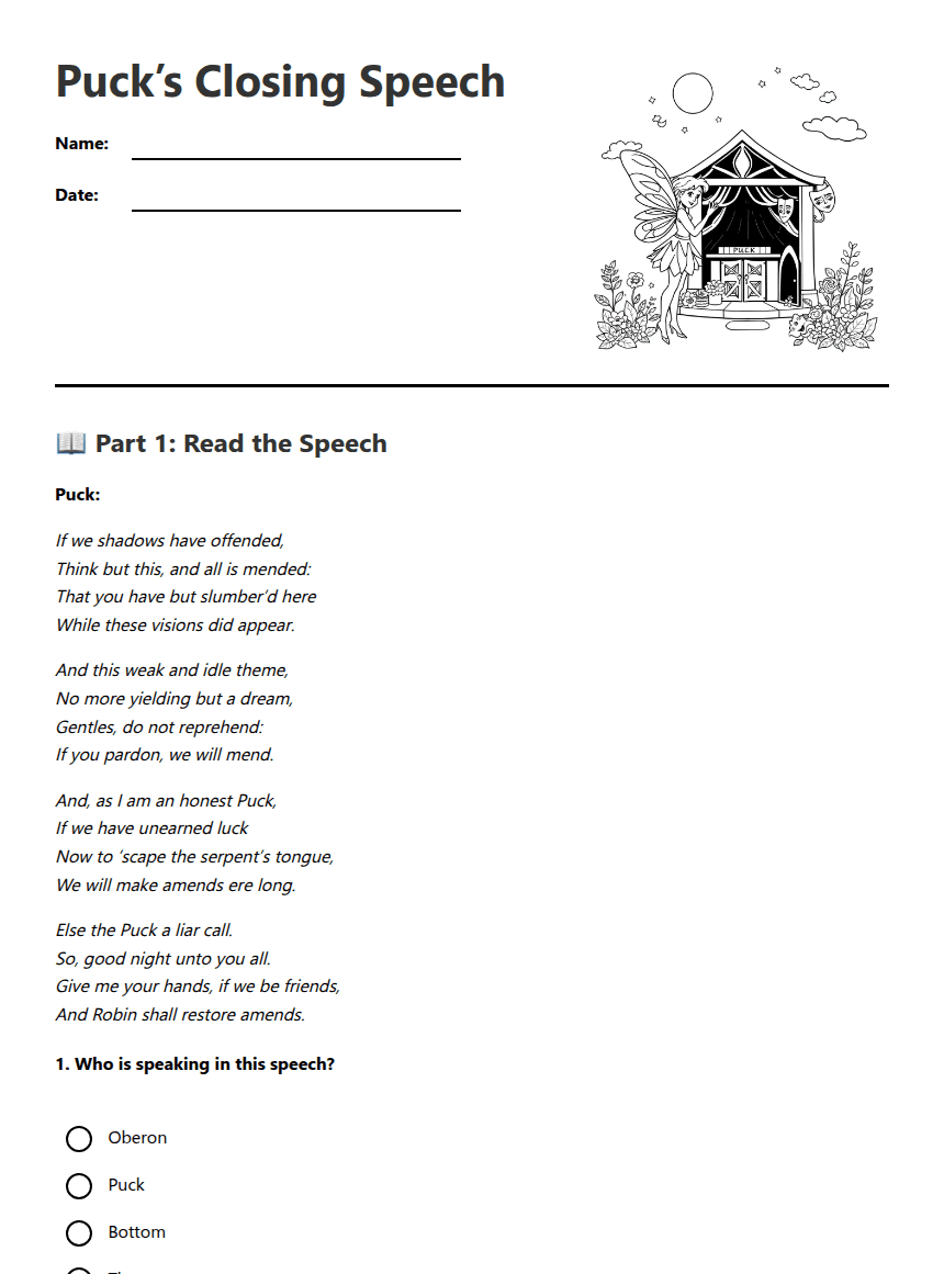 Puck’s Closing Speech worksheet preview
