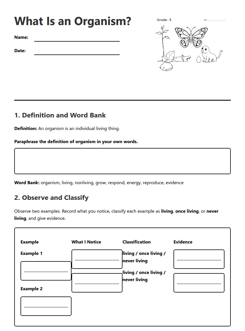 Organism Observation Worksheet worksheet preview