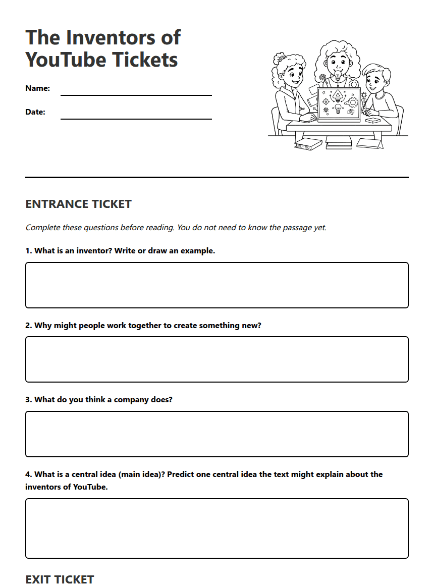 The Inventors of YouTube Tickets worksheet preview