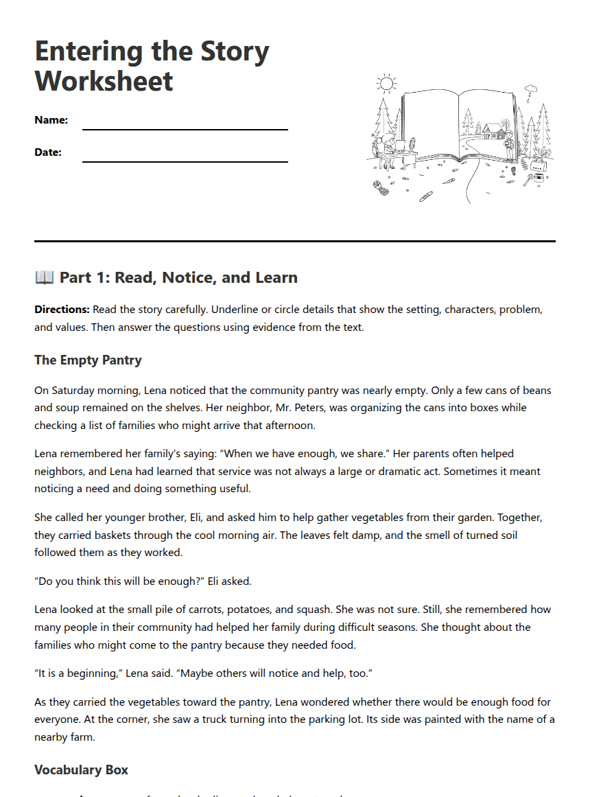 Entering the Story Worksheet worksheet preview