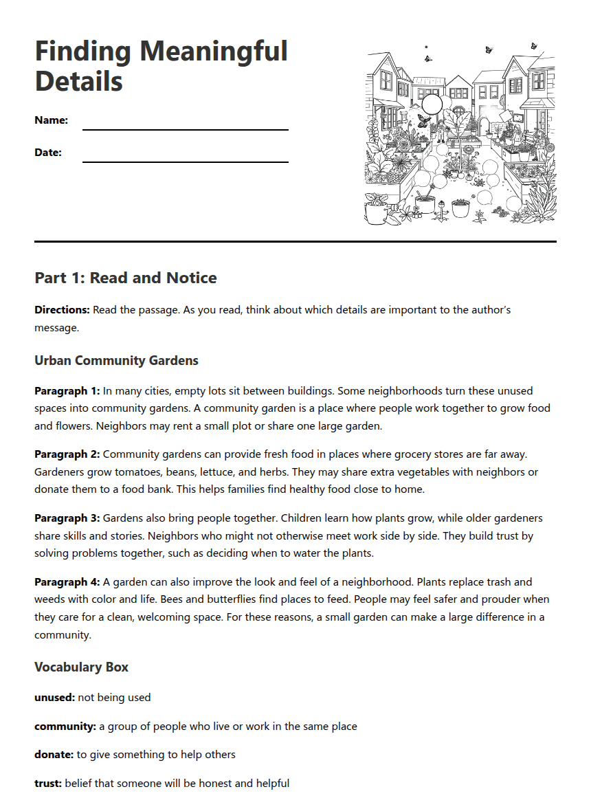 Finding Meaningful Details worksheet preview