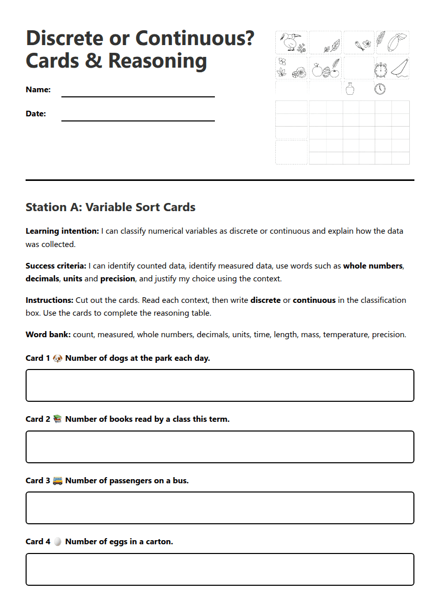 Discrete or Continuous? Cards & Reasoning worksheet preview