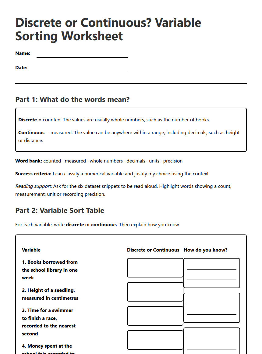 Discrete or Continuous? Variable Sorting Worksheet worksheet preview