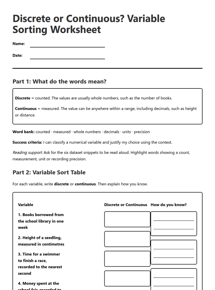 Discrete or Continuous? Variable Sorting Worksheet