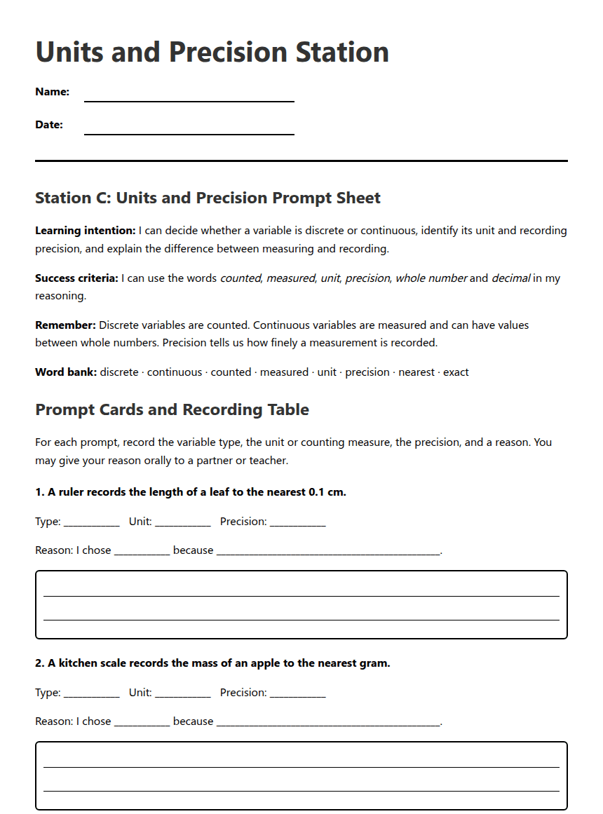 Units and Precision Station worksheet preview