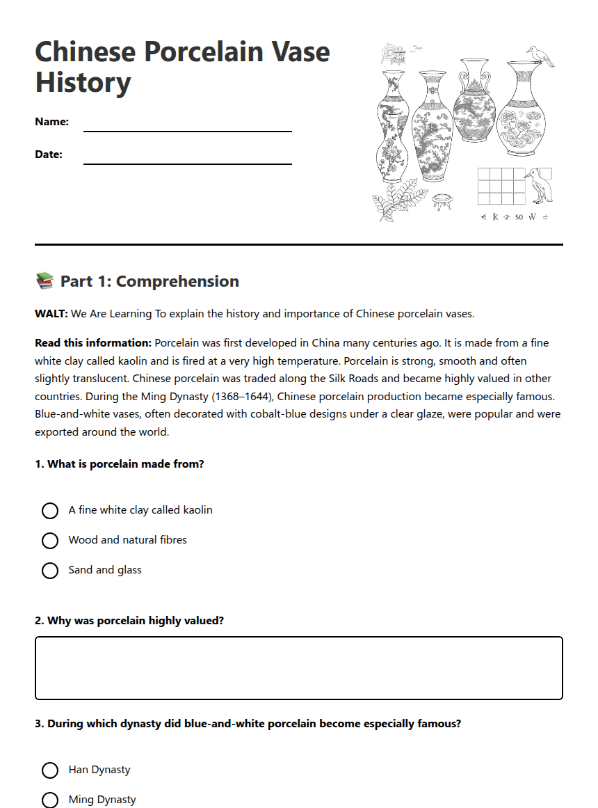 Chinese Porcelain Vase History worksheet preview