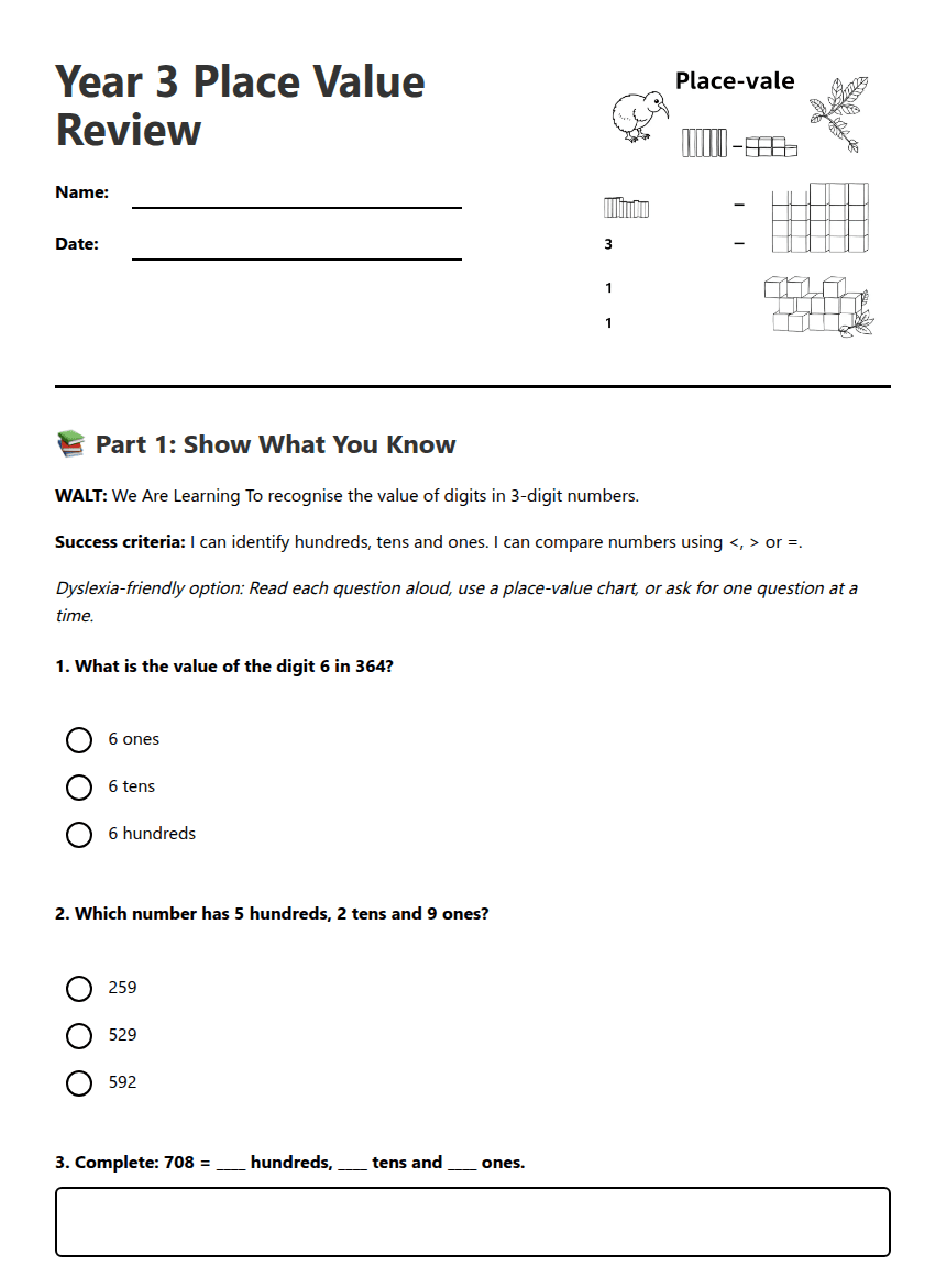 Year 3 Place Value Review worksheet preview