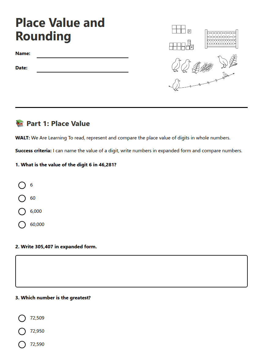 Place Value and Rounding worksheet preview