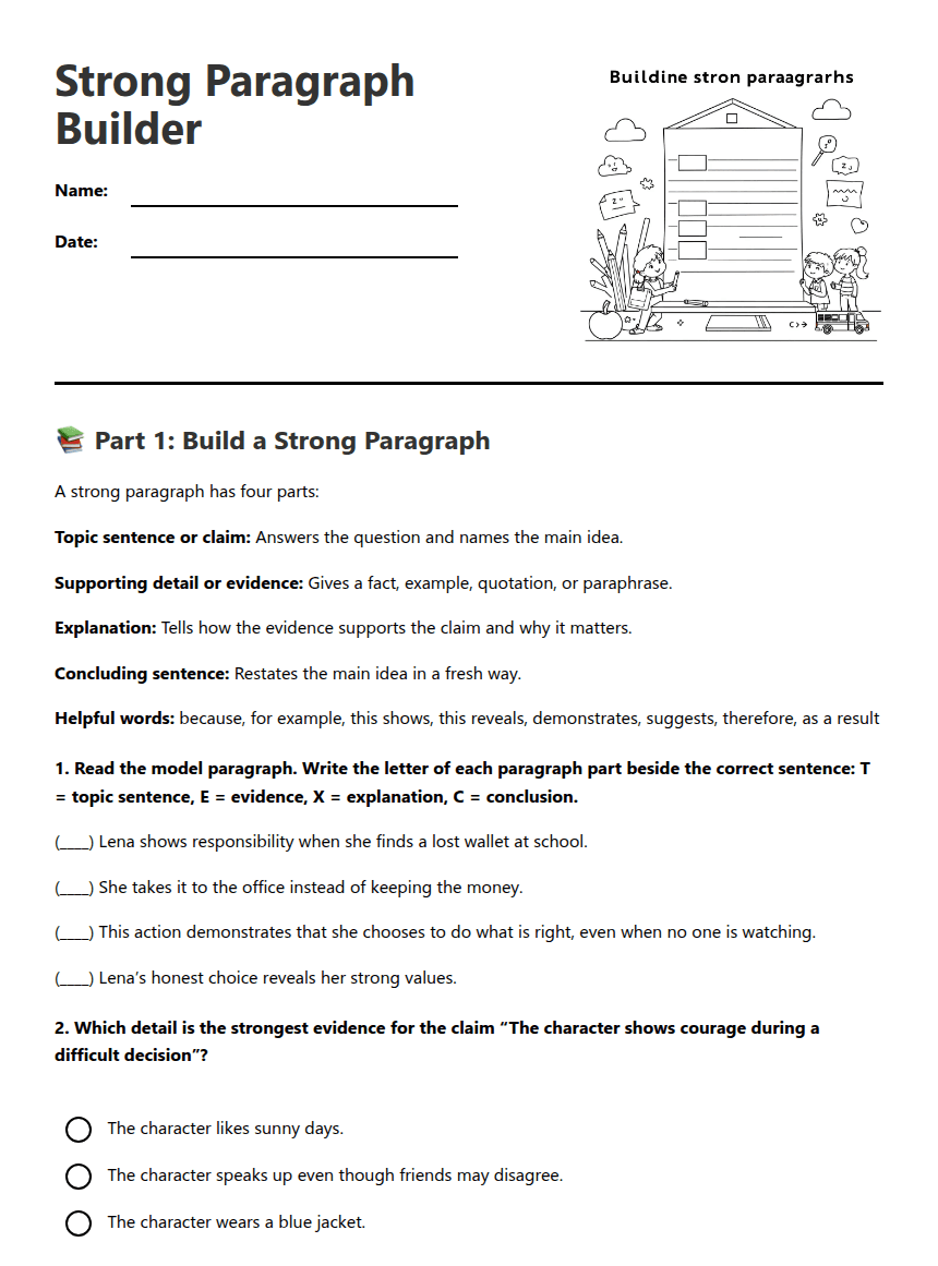 Strong Paragraph Builder worksheet preview