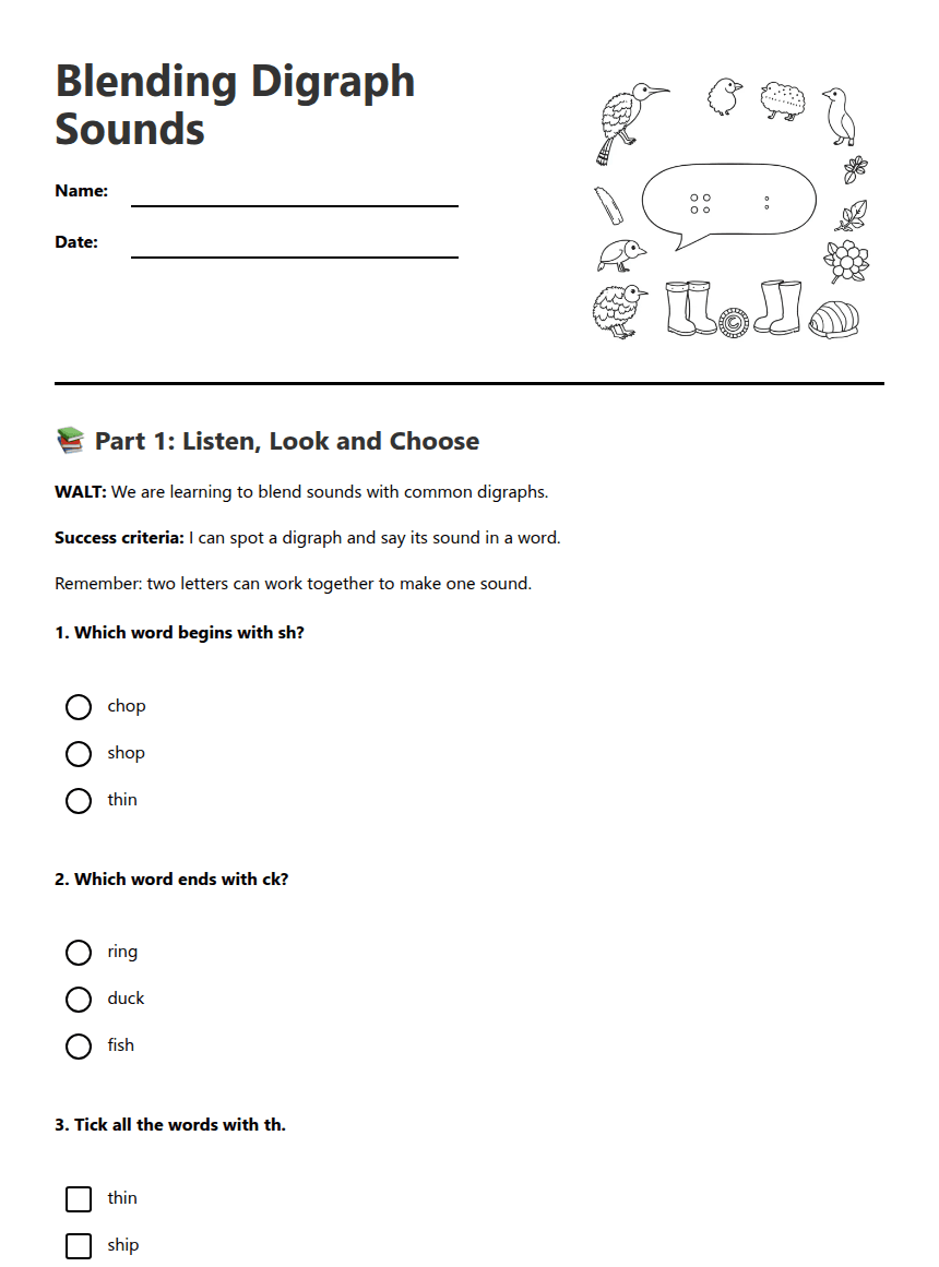 Blending Digraph Sounds worksheet preview