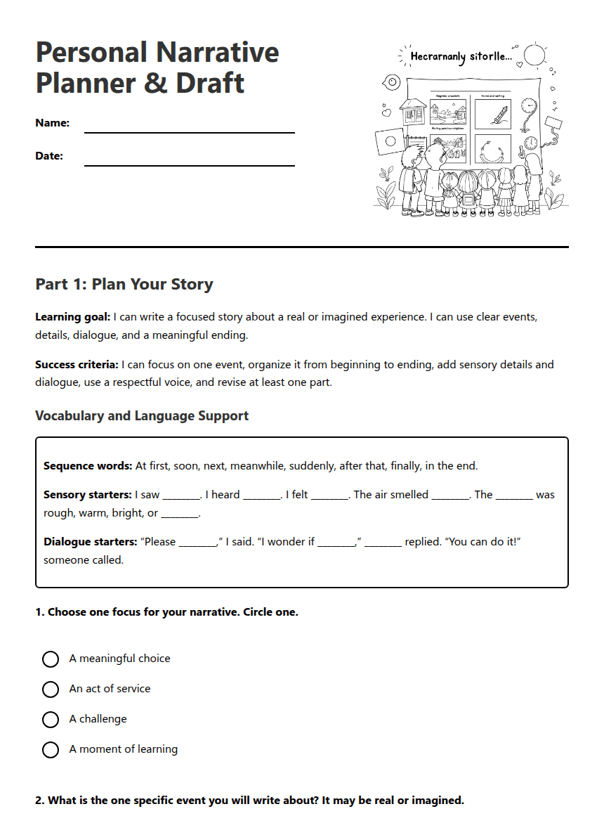 Personal Narrative Planner & Draft worksheet preview