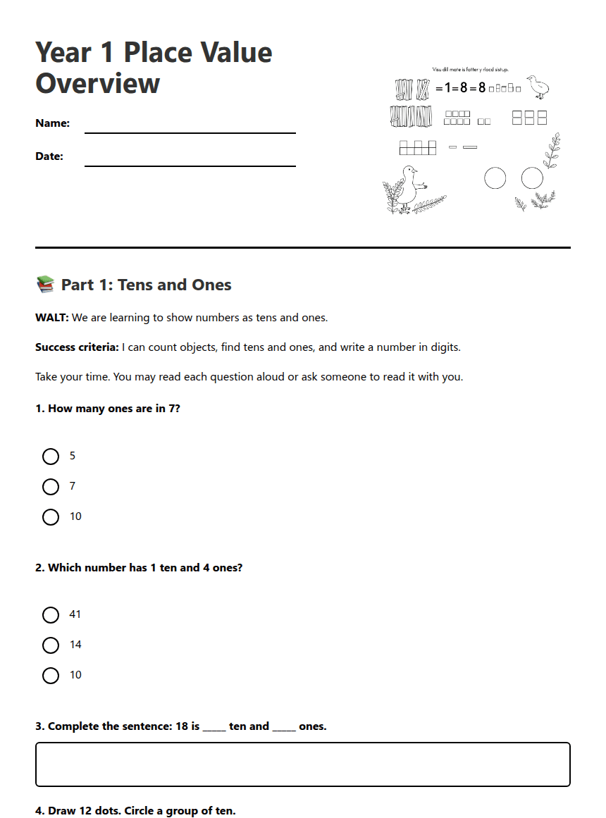 Year 1 Place Value Overview worksheet preview