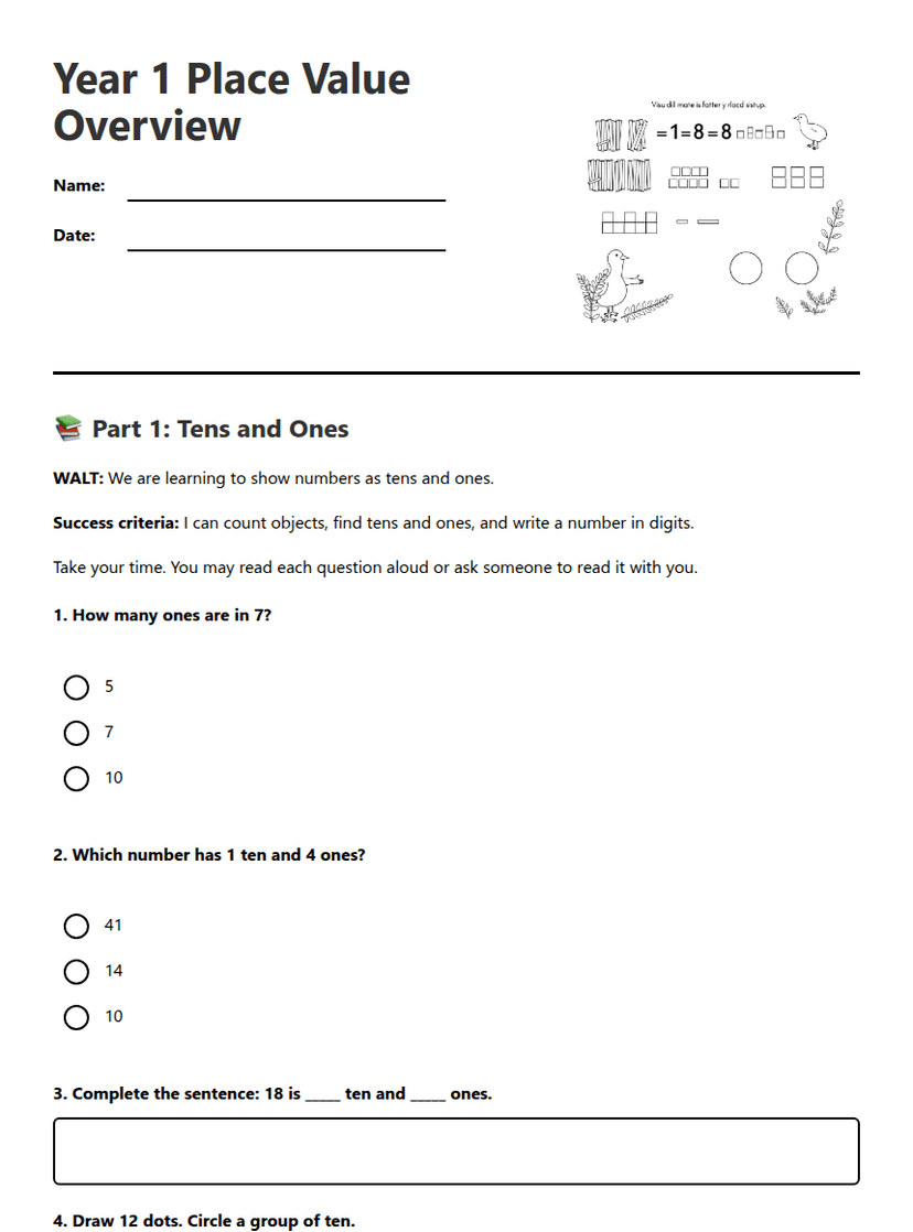 Year 1 Place Value Overview