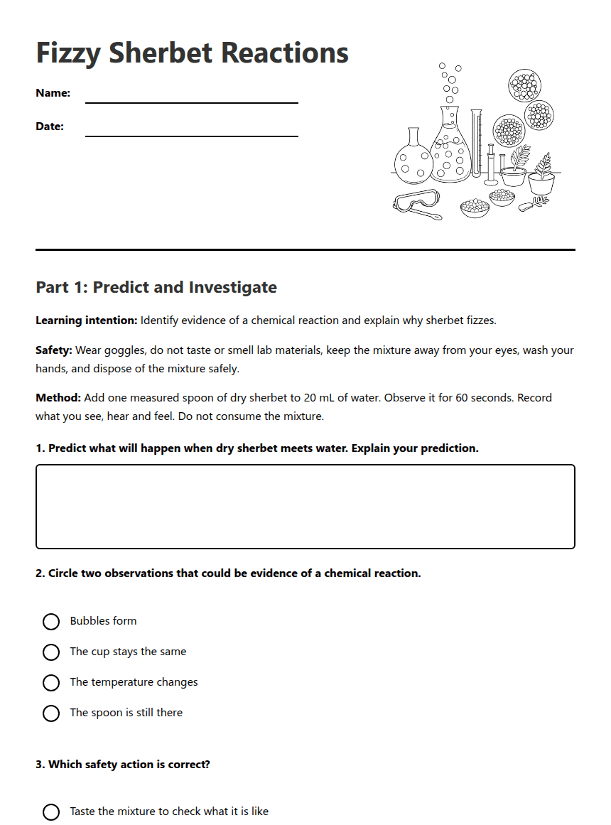 Fizzy Sherbet Reactions worksheet preview