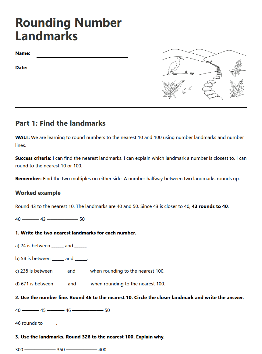 Rounding Number Landmarks worksheet preview