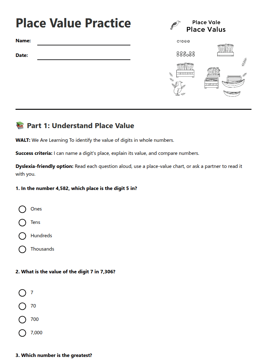 Place Value Practice worksheet preview