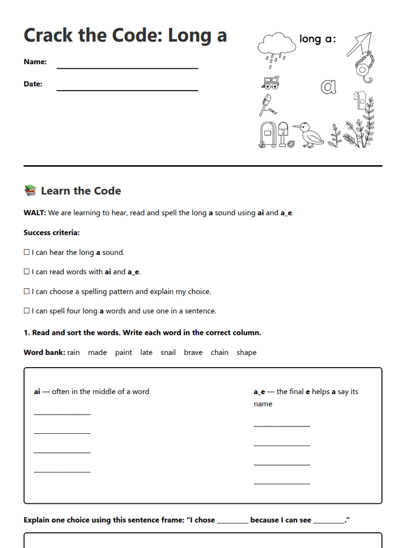 Long a Phonics Code