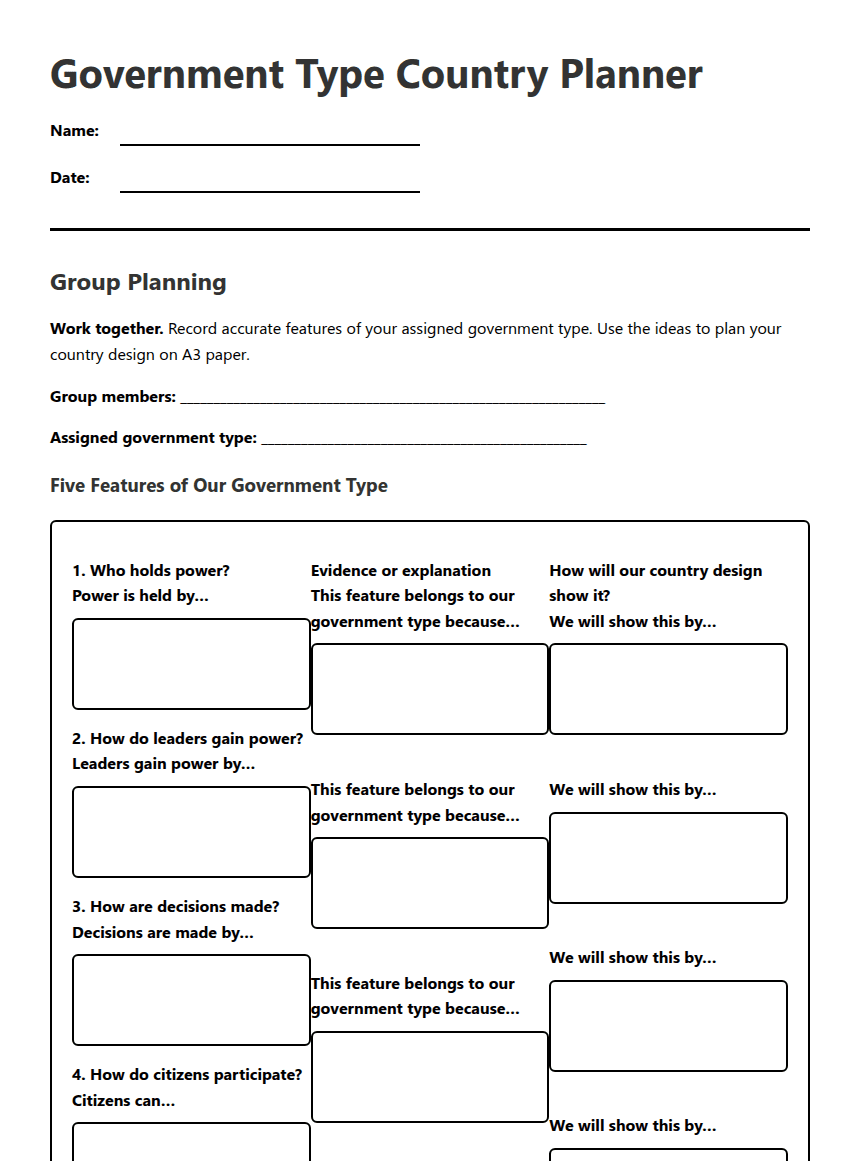 Government Type Country Planner worksheet preview