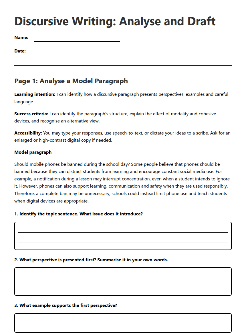 Discursive Writing: Analyse and Draft worksheet preview