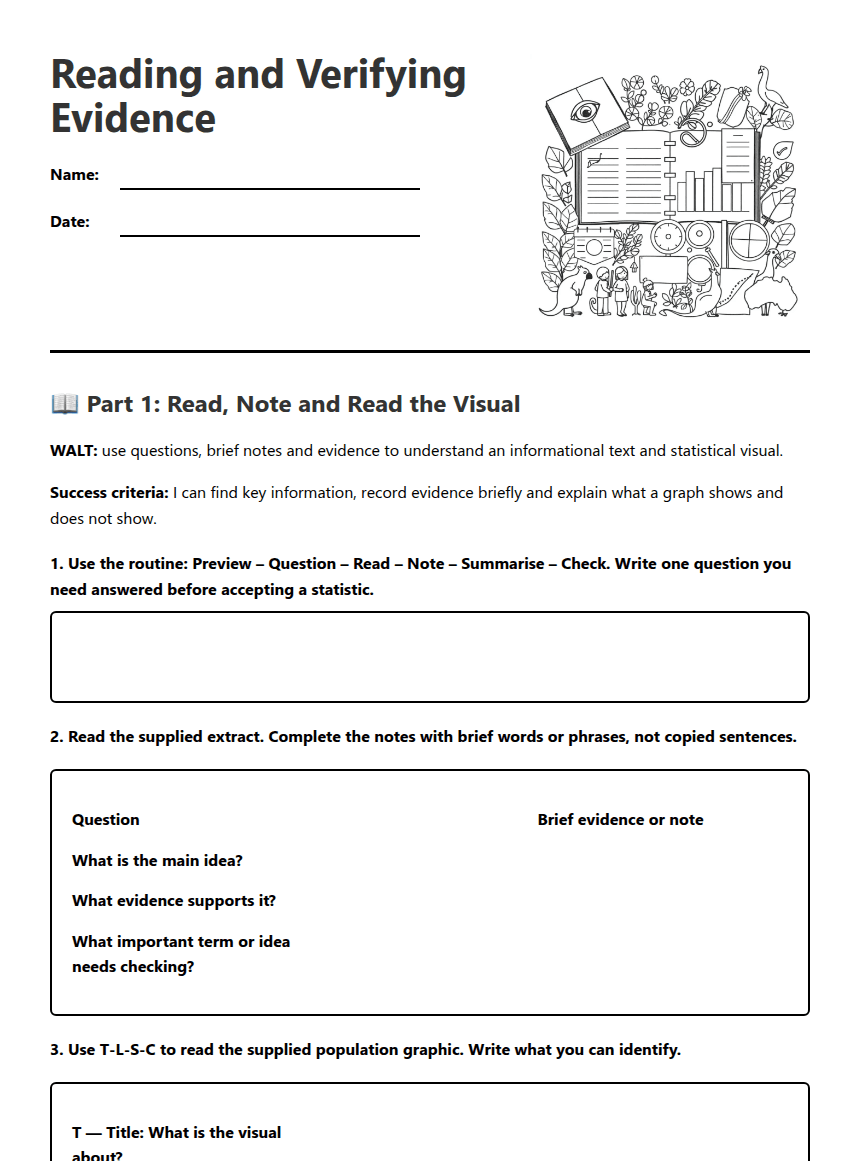 Reading and Verifying Evidence worksheet preview
